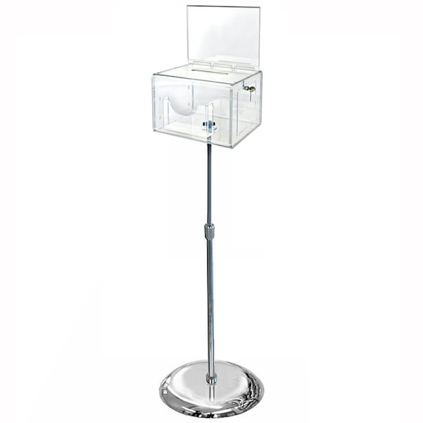 XL Clear Lottery Box, Adjustable Pedestal Floor Stand w/ Pocket, Lock & Keys, Pedestal
